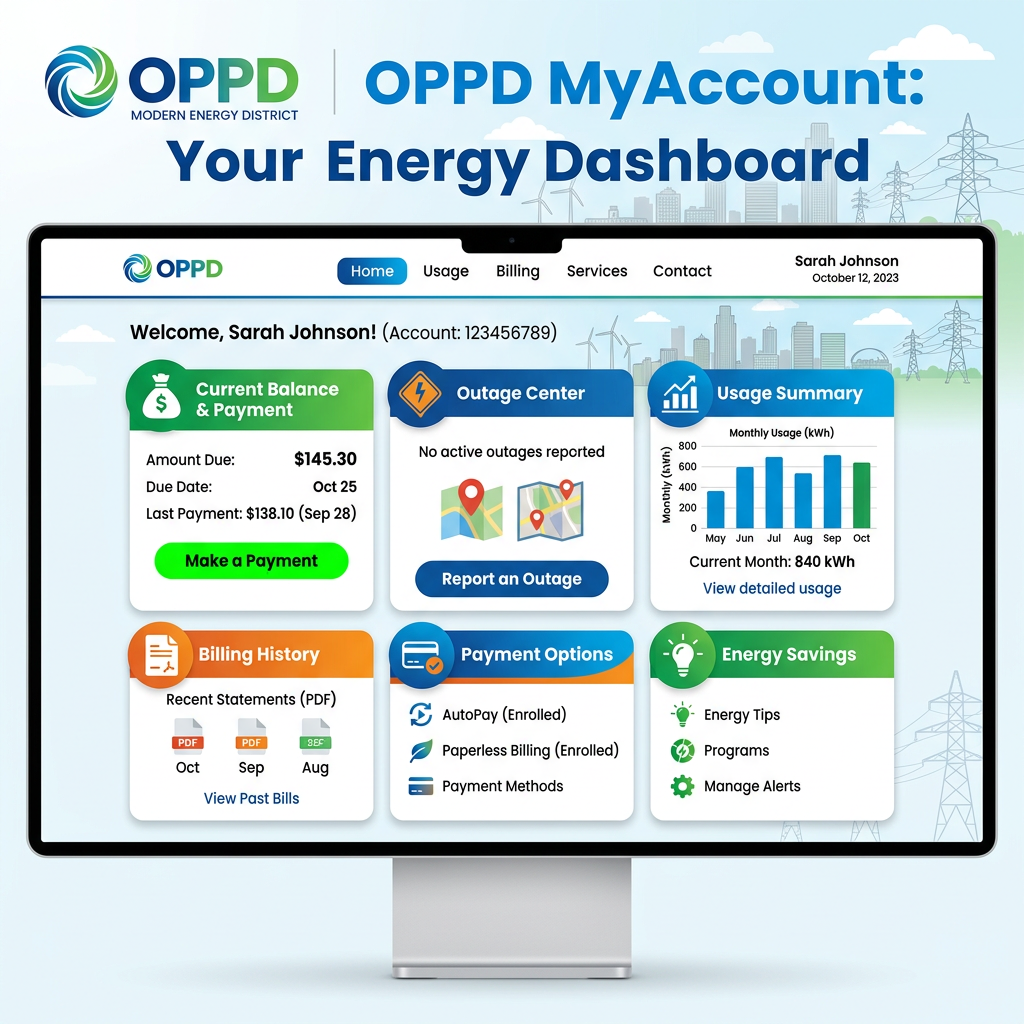 OPPD energy account dashboard showing current balance, outage center, usage summary, billing history, payment options, and energy savings